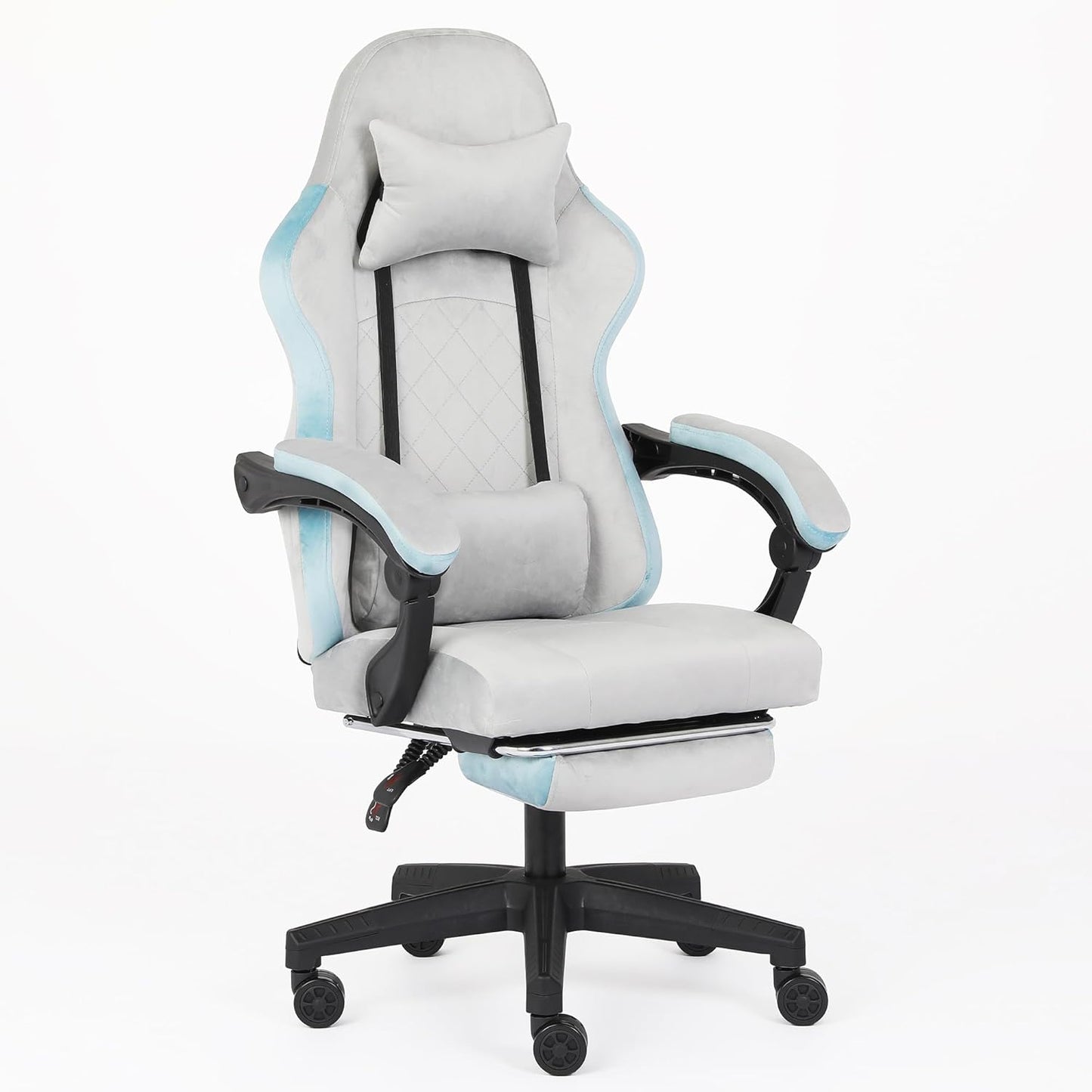 Chaise Gaming Ergonomique avec Repose-Pieds et Coussin Lombaire, Fauteuil Gamer Tissu Flanelle Noir Inclinable 140°, Accoudoirs Réglables, Dossier Haut pour Adultes