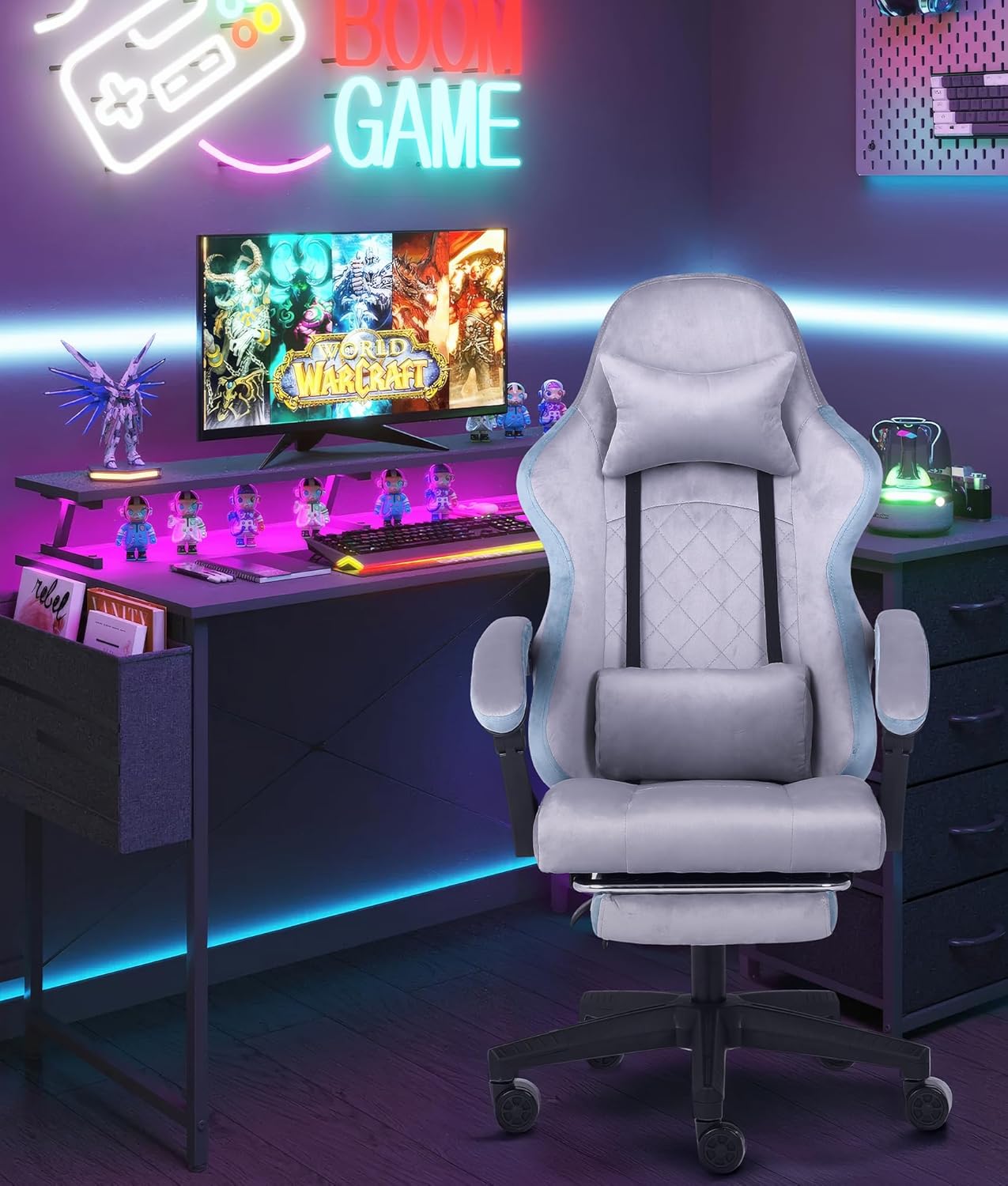 Chaise Gaming Ergonomique avec Repose-Pieds et Coussin Lombaire, Fauteuil Gamer Tissu Flanelle Noir Inclinable 140°, Accoudoirs Réglables, Dossier Haut pour Adultes