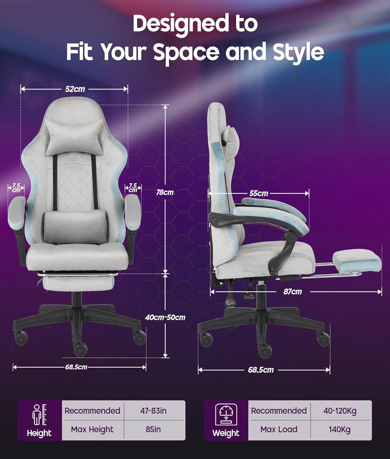 Chaise Gaming Ergonomique avec Repose-Pieds et Coussin Lombaire, Fauteuil Gamer Tissu Flanelle Noir Inclinable 140°, Accoudoirs Réglables, Dossier Haut pour Adultes