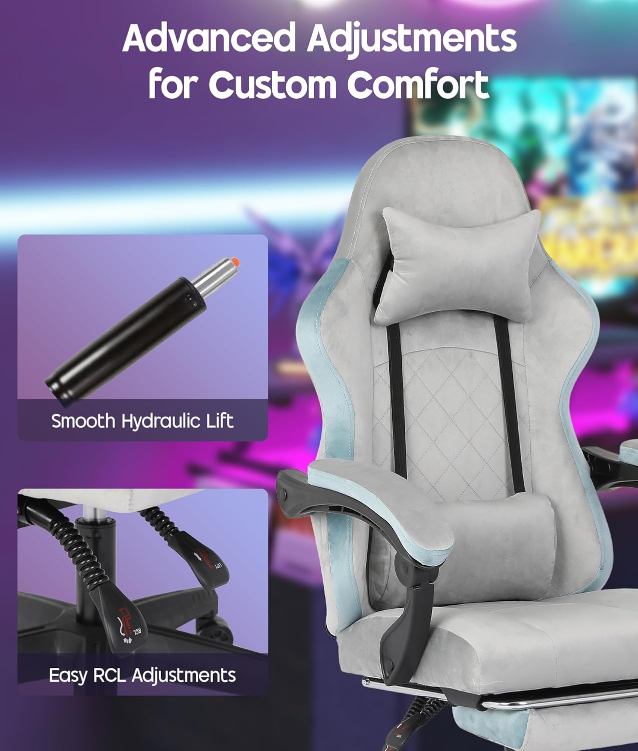Chaise Gaming Ergonomique avec Repose-Pieds et Coussin Lombaire, Fauteuil Gamer Tissu Flanelle Noir Inclinable 140°, Accoudoirs Réglables, Dossier Haut pour Adultes