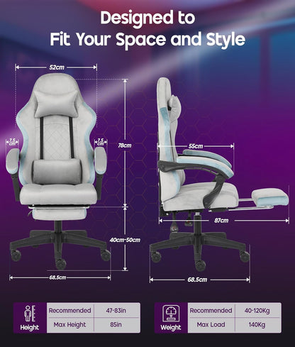 Chaise Gaming Ergonomique avec Repose-Pieds et Coussin Lombaire, Fauteuil Gamer Tissu Flanelle Noir Inclinable 140°, Accoudoirs Réglables, Dossier Haut pour Adultes
